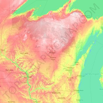 Wisconsin topographic map, elevation, relief