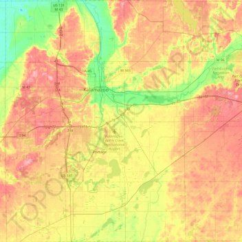 Kalamazoo County topographic map, elevation, relief