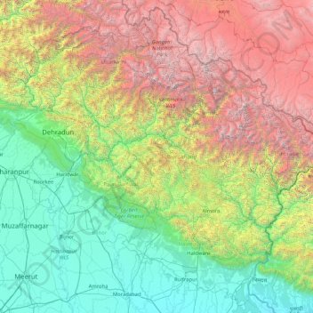 Uttarakhand topographic map, elevation, relief