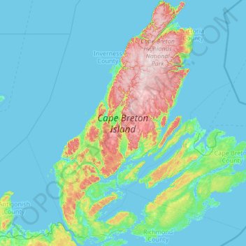 Cape Breton Island topographic map, elevation, relief