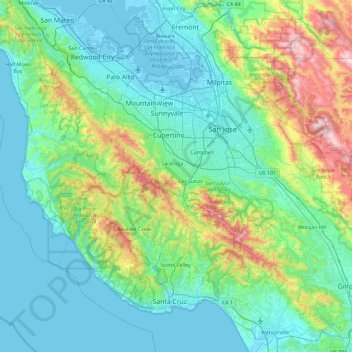 Santa Cruz Mountains topographic map, elevation, relief